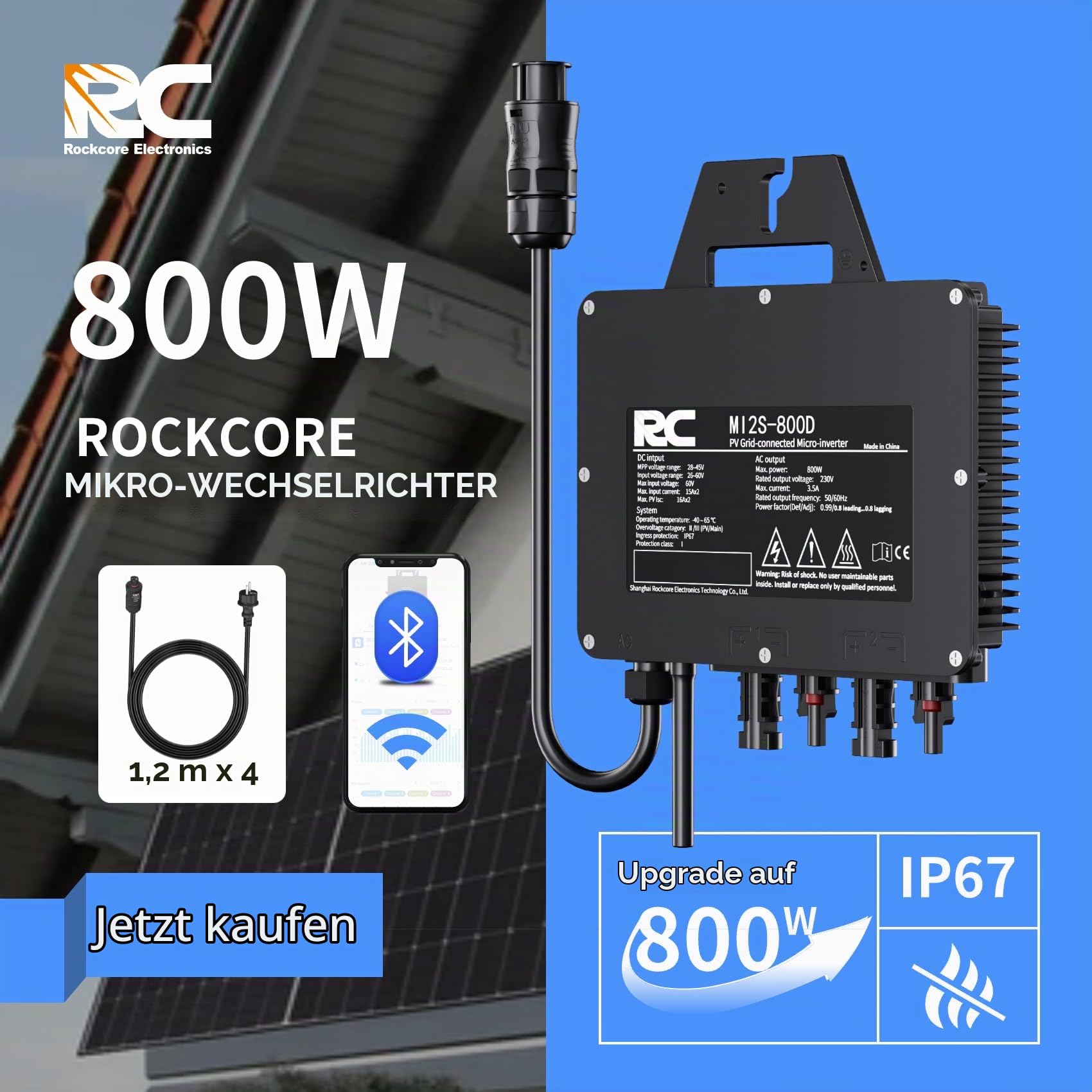 RC Mikro-Netzgebundener-Wechselrichter, 800W, Intelligenter Solar-Wechselrichter, Integriertes WiFi, Für Balkon-Kraftwerke geeignet, MPPT-Effizienz 99,8%, 0% Mehrwertsteuer | MPPT mit 99,8% Effizienz, zur Optimierung der Photovoltaik-Produktion und für Ba