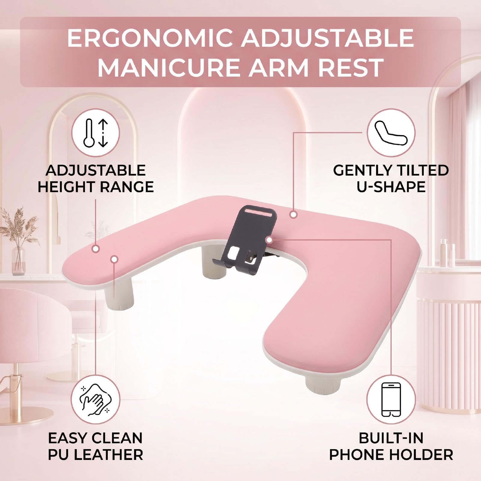 Poggiabraccio per Manicure a Forma di U, Rosa | Supporto per telefono in pelle PU regolabile in altezza, 3 livelli, gambe di bloccaggio regolabili 80 a 150 mm per Nail Tech