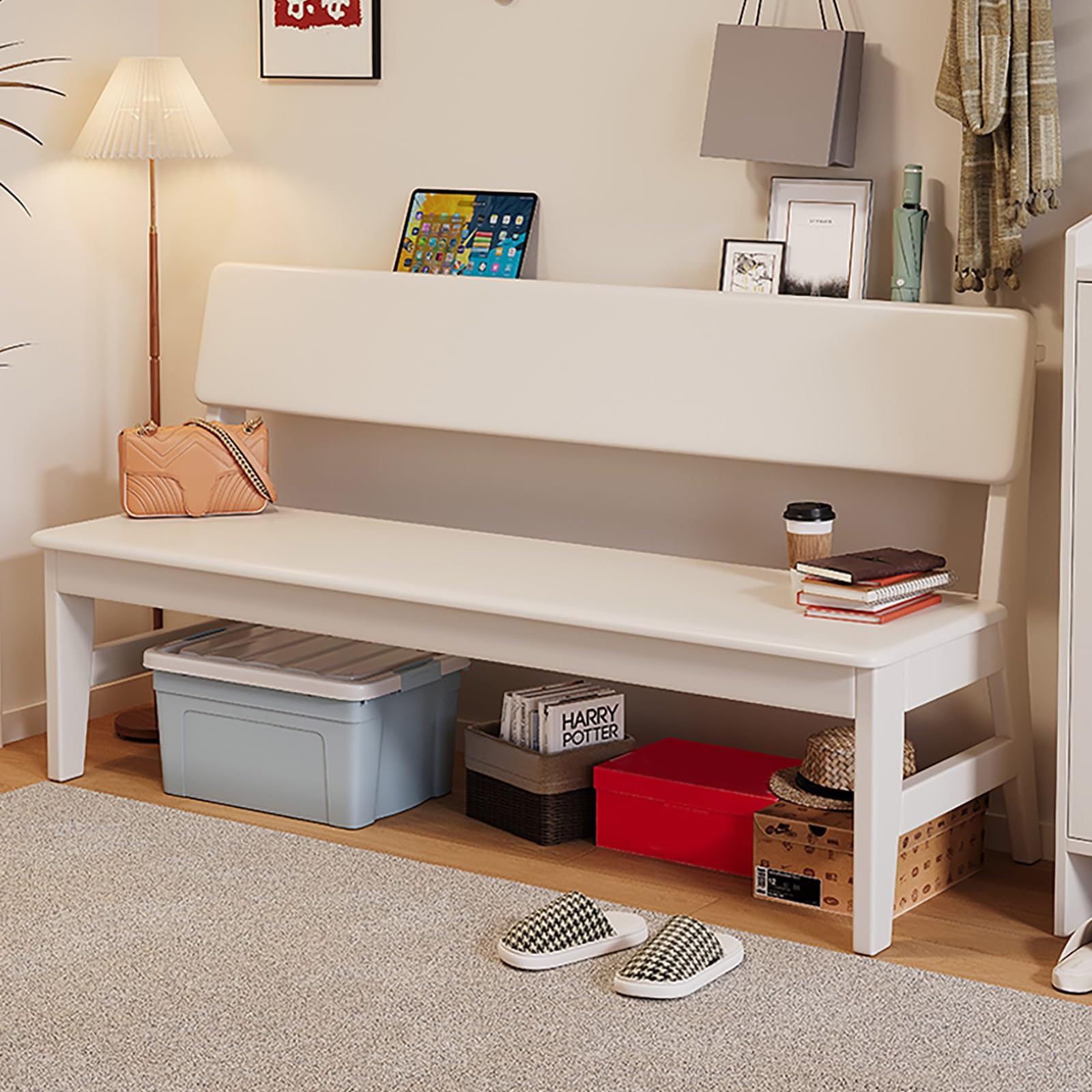 Banc d'entrée blanc en bois d'hévéa 119 cm avec rangement