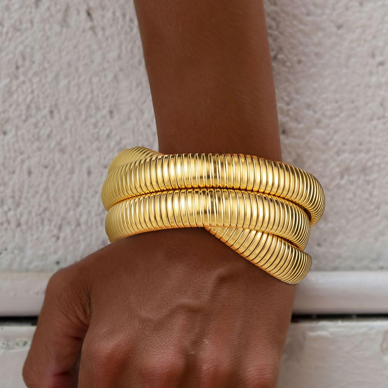 Emibele Gold Bangles Bracelet Set for Women, 18K Gold Plated Chunky Stainless Steel Non Tarnish Stretch Bracelet Stack, Flexible Wide Wristband Bangle Layered Snake Chain Bracelets - Image 5