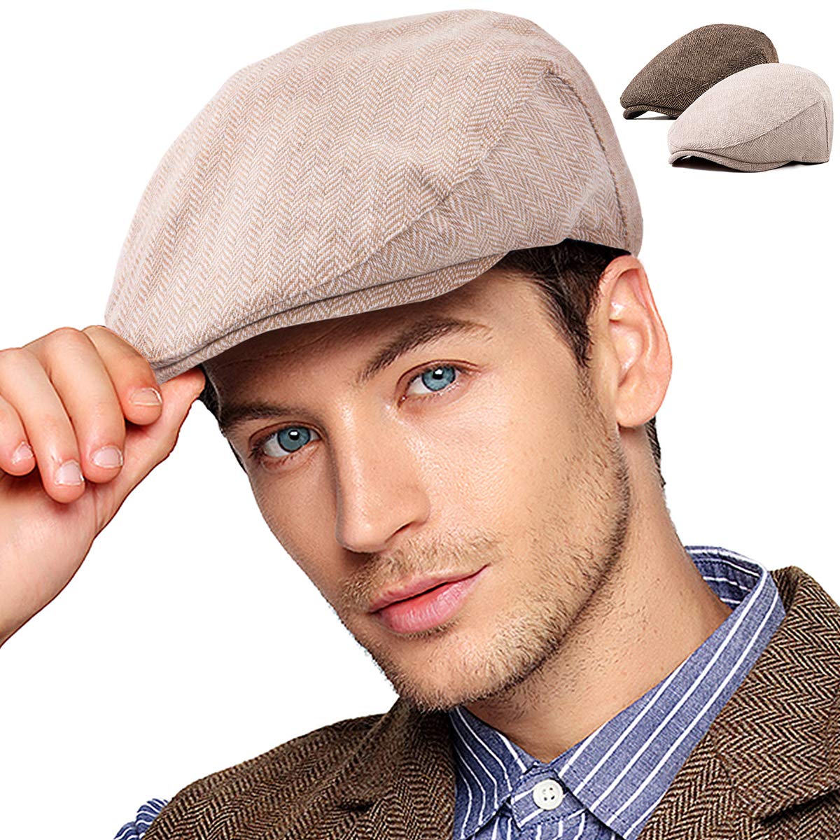 2-Pack Adjustable Newsboy Hats for Men Flat Cap Irish Wool Blend Tweed