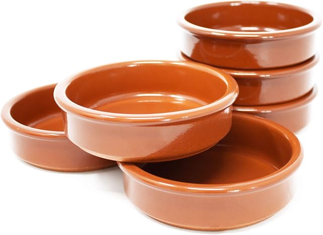 Set of 6 Tapas Bowls, Cazuela Casserole Dishes (Diameter 11.5 cm) Made of Clay, Brown Glazed, Rustic Serving Bowls (175 ml)