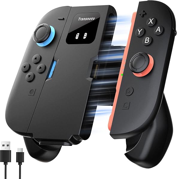 TRANSNOVO Joy Con 2 Aufladehalterung Kompatibel mit Nintendo Switch 2 Controller (2025), Magnetischer Ladegriff mit Kabel, LED-Anzeige, Rutschfestem Ergonomie-Grip & Verstärkter Rückseite – Schwarz - 1