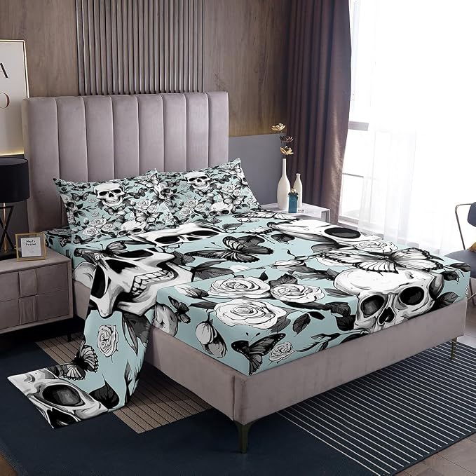 Feelyou Skull Decor Bed Sheet Set Death Moth Bed Sheets Skeleton Bones Sheets Gothic Sheet Set for Adults and Teens Microfiber Full