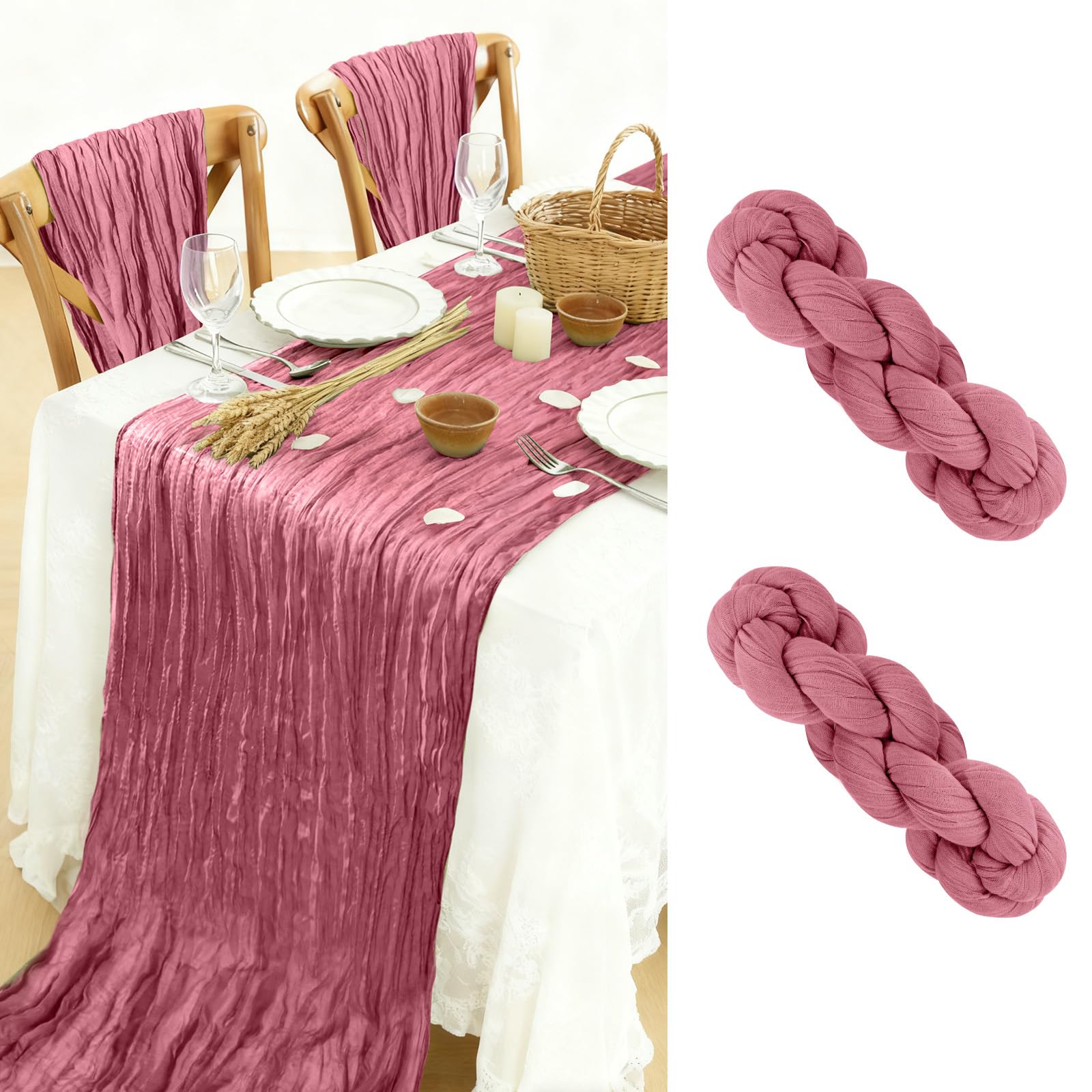 BOUBONI 2 Pack Cheesecloth Table Runner 90x300cm Boho Gauze Table Cloth for Birthday Party Wedding Baby Shower Decoration (Dusty Rose)