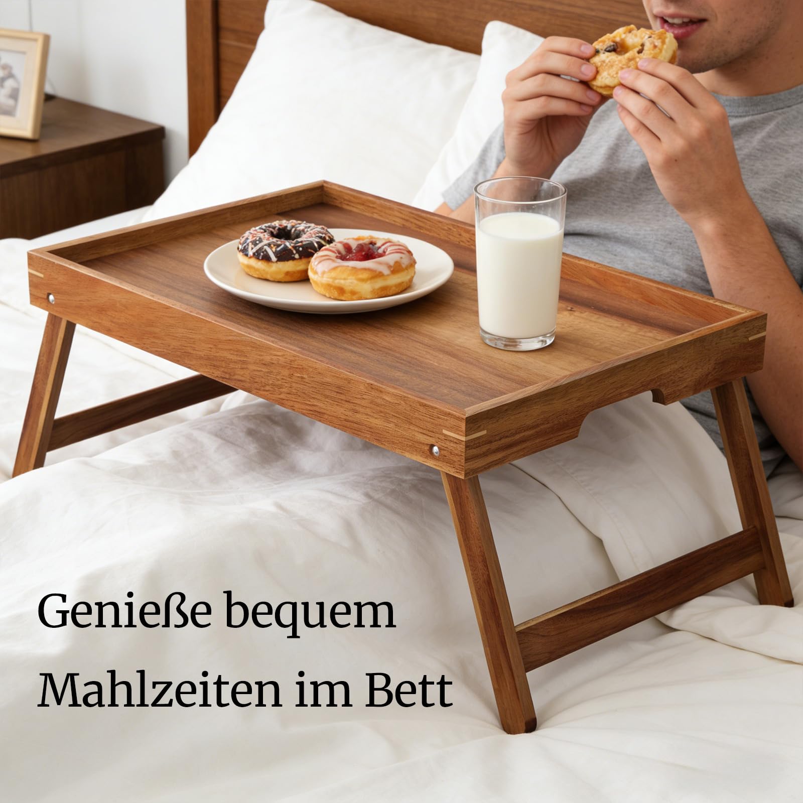 Fibogollo Betttisch aus Akazienholz mit klappbaren Beinen, Frühstückstabletts mit integrierten Griffen, Serviertablett für Speisen und Snacks, Laptop-Tabletts zum Arbeiten