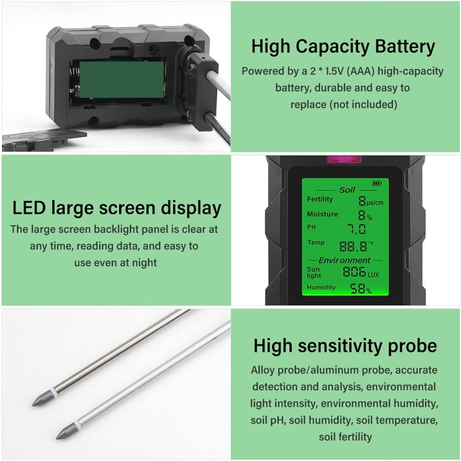 Digital Soil Ph Tester for Gardening - Measures Ph, Moisture, Nutrients, Sunlight, Humidity & Temperature for Indoor & Outdoor Plants