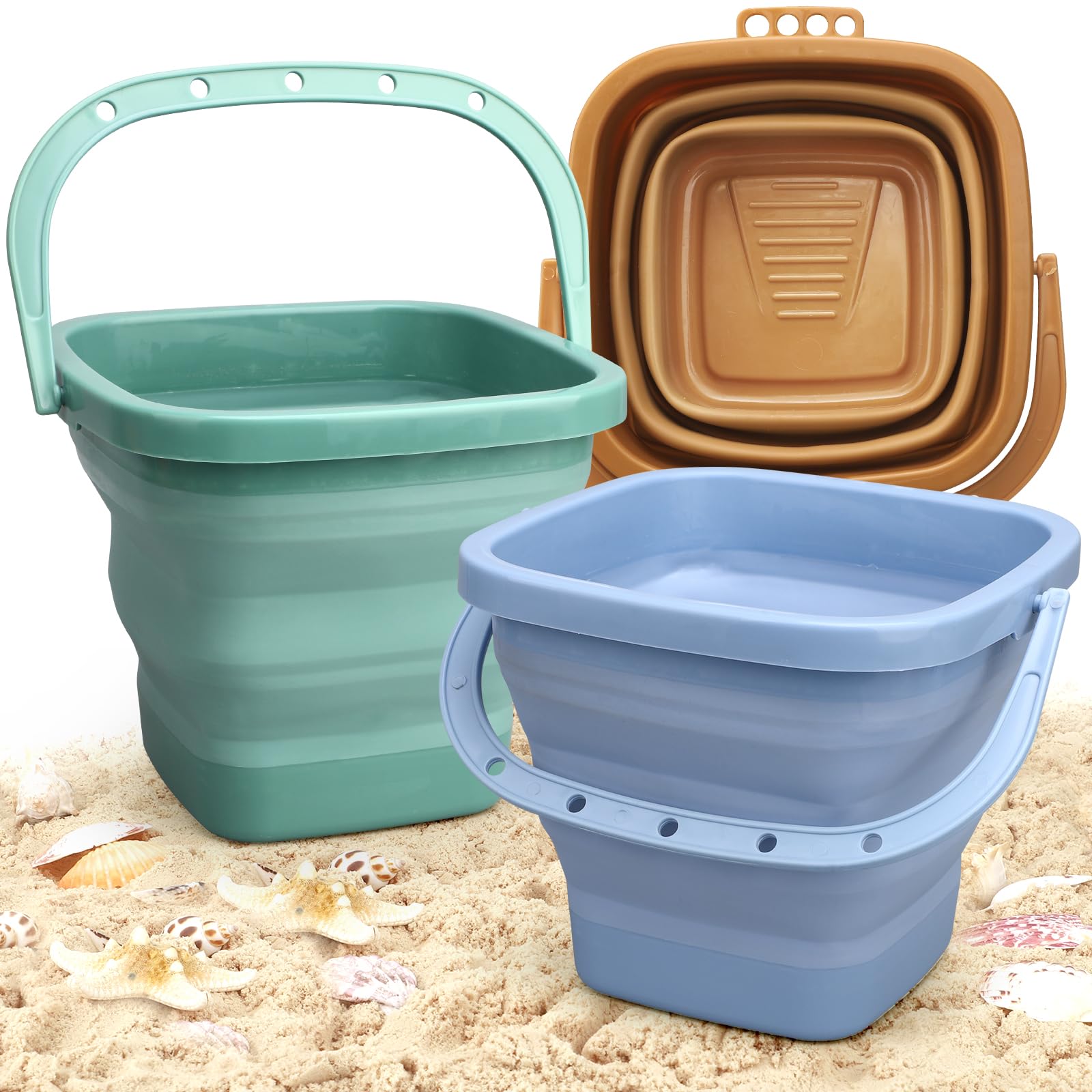 Beach Toys 3PCS Collapsible Bucket Sets for Toddlers, Sand Party in Summer Foldable Silicone Bucket for Kids Age 3-8 (Brown/Blue/Green)