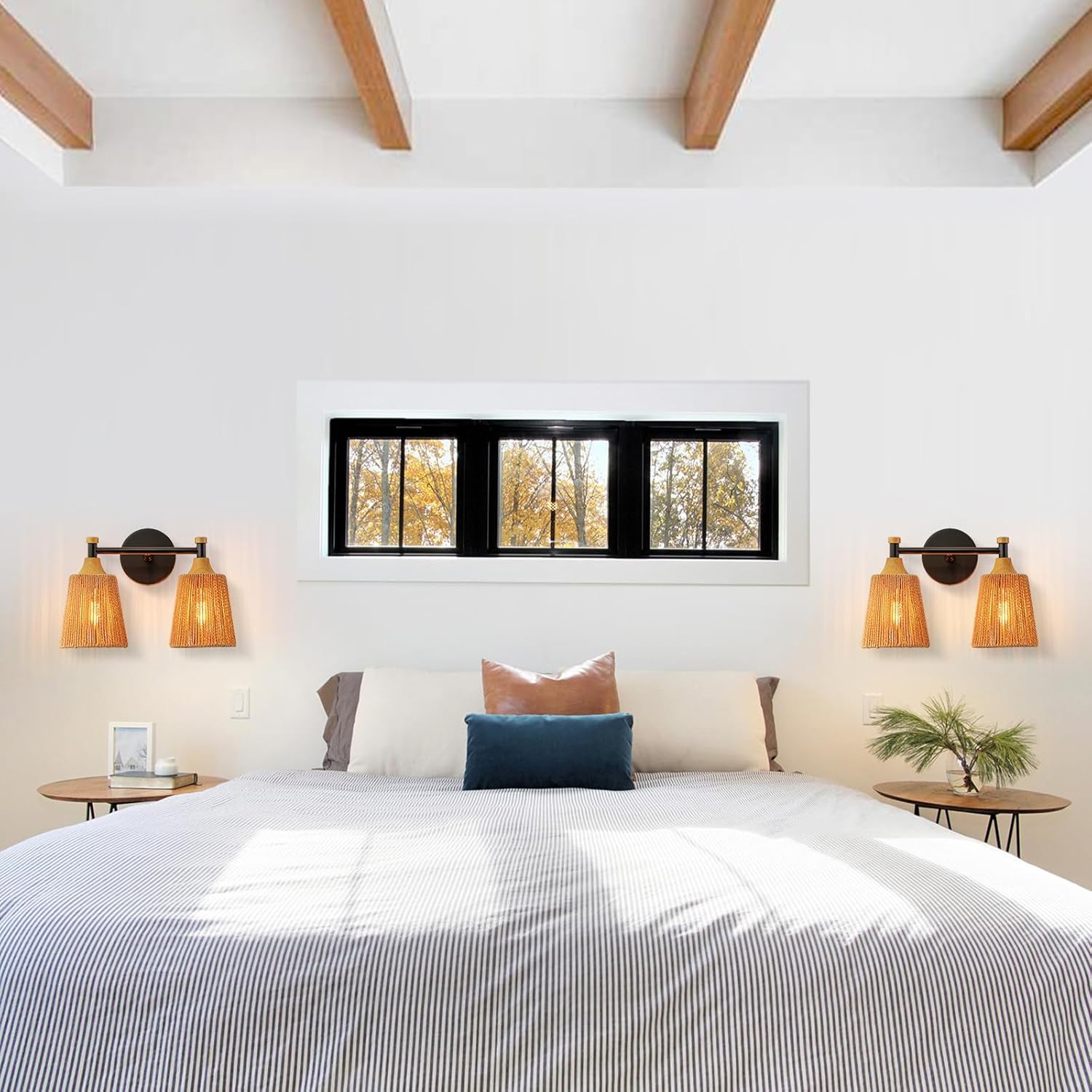 2-Light Bathroom Vanity Light, Boho Bathroom Light Fixtures Over Mirror Rattan Vanity Lighting Fixtures with Hand-Woven Lampshade Rustic Style Wall Sconce for Bedroom Living Room