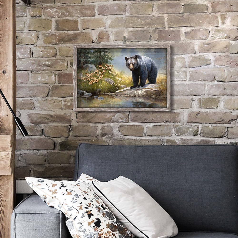 Bear Prints Wooden Wall Art: Wildlife Grizzly Picture Framed Artwork Rustic Woodland Wild Animal Painting for Living Room