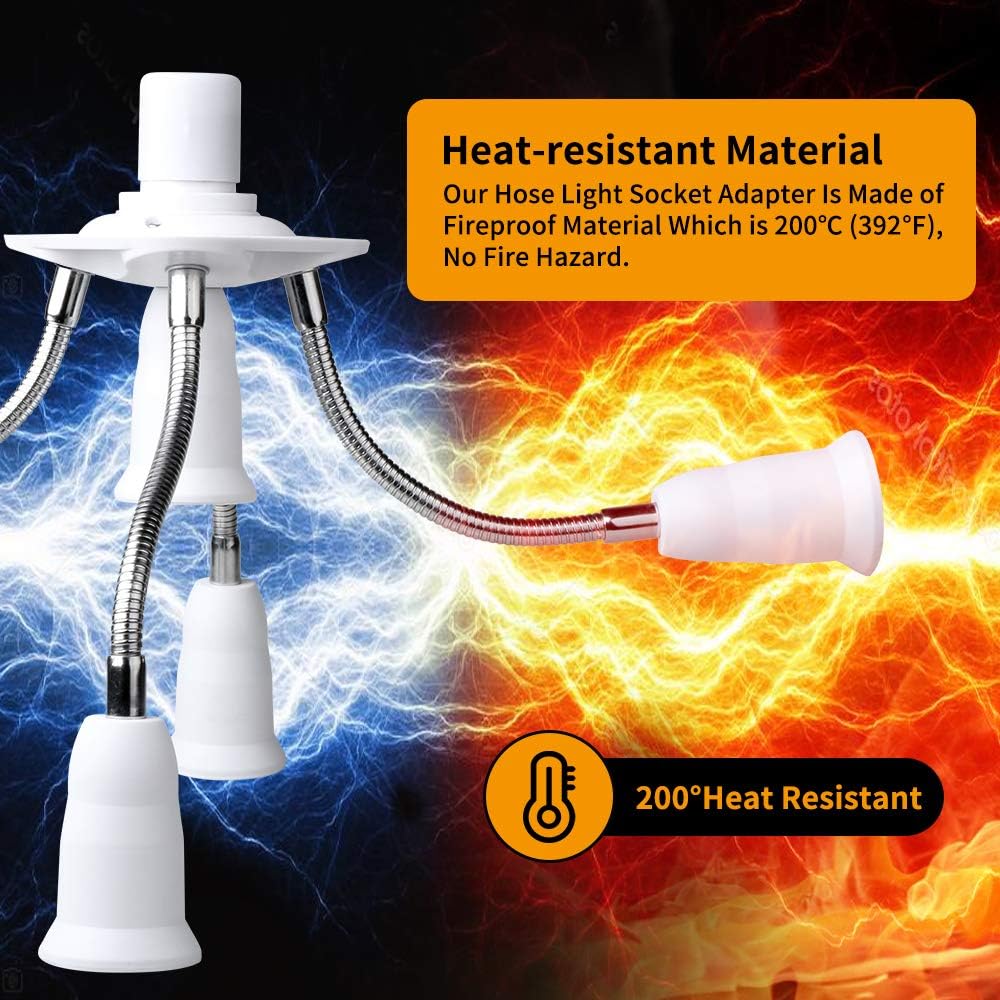 Light Bulb Splitter, E26 E27 Light Socket Extension, Screw in Multi Light Bulb Adapter Free Degree,Stay in Place,Stainless Hose, Household Garage Bulb Adapter,Heat-resistant 392℉,Max 300W,10.2”Height