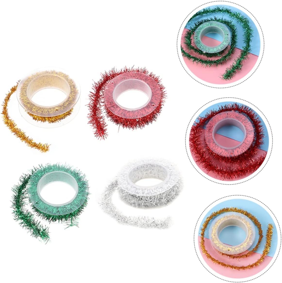 Healifty 4Pcs Christmas Tinsel Garlands Metallic Thin Decoration Strips Flexible Curling Ribbons Gold Red Green Silver for Indoor Outdoor Party Wedding DIY Scene Props