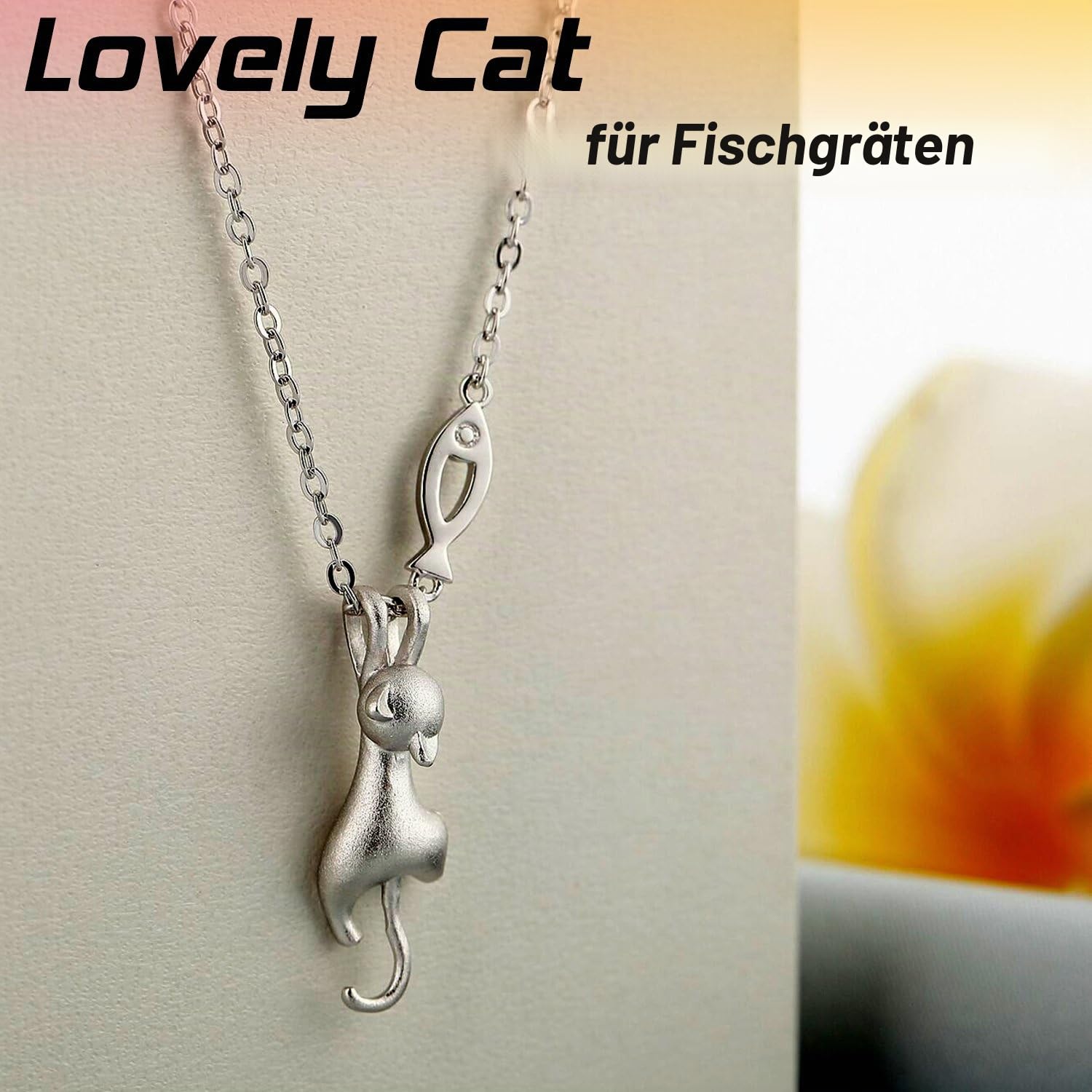Katze Kette Katzen Mond Halskette Katze Schmuck für Damen Mädchen, 925 Sterlingsilber, 18K Weißgold Plattierte