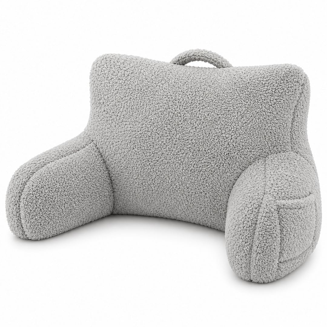 rejuvopedic Reading Cuddle Cushion – Grey, Super Soft Teddy Fleece Comfort Cushion with Pocket & Carry Handle