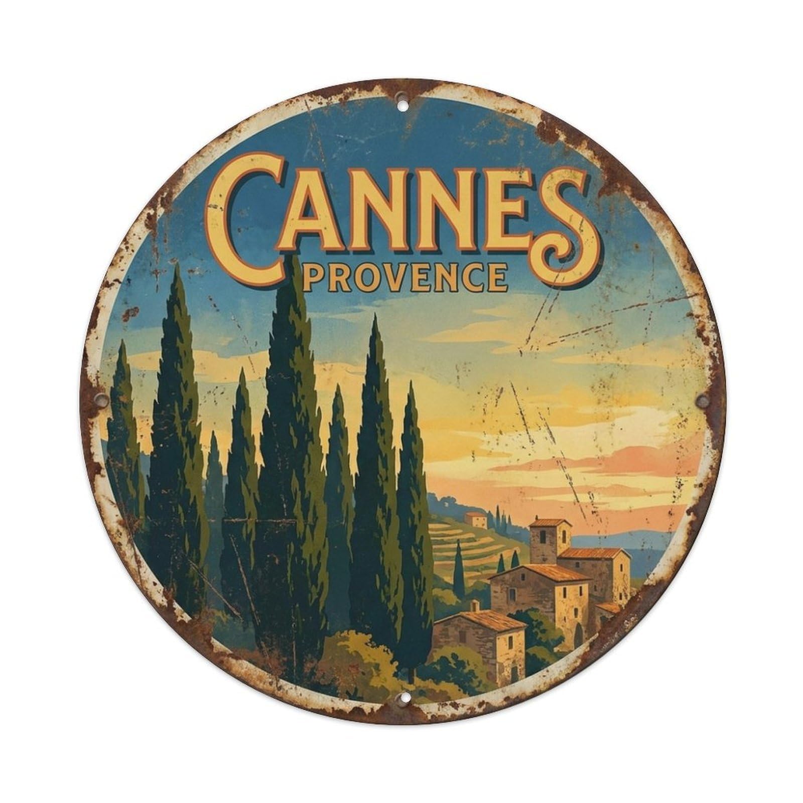 Retro Cannes Cypress Tree Mediterranean Travel Metal Tin Sign