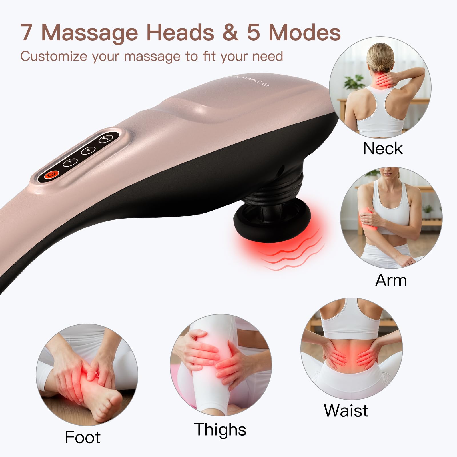 MEGAWISE Handheld Rückenmassagegerät | Tiefengewebe Percussion Massage für Rücken, Nacken, Schultern, Taille und Beine (schnurlos, Roségold)