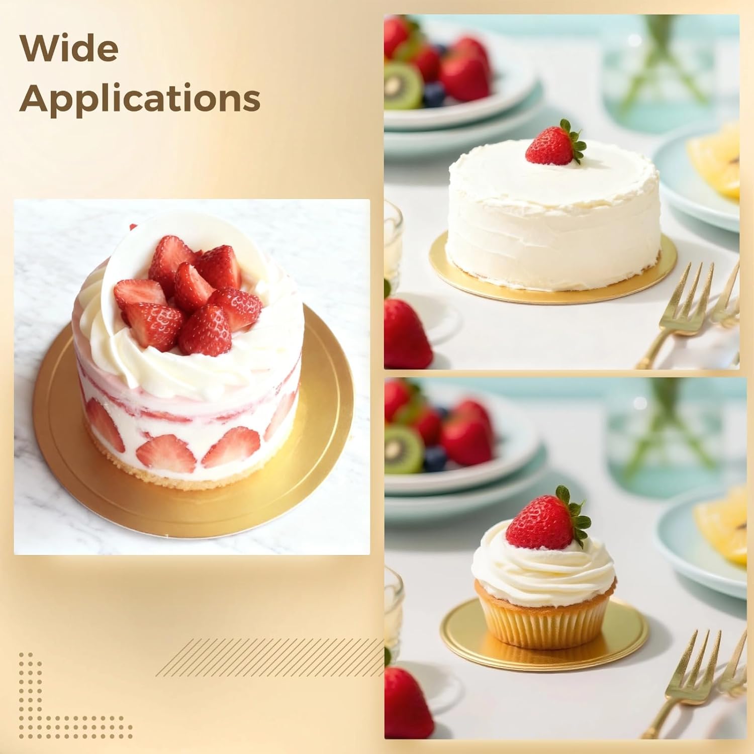 300 Pcs 3.5 in Mini Cake Boards, Round Golden Cake Base, Disposable Cardboard for Dessert Display, Handle Design for Easy Carry, Ideal for Parties and Weddings