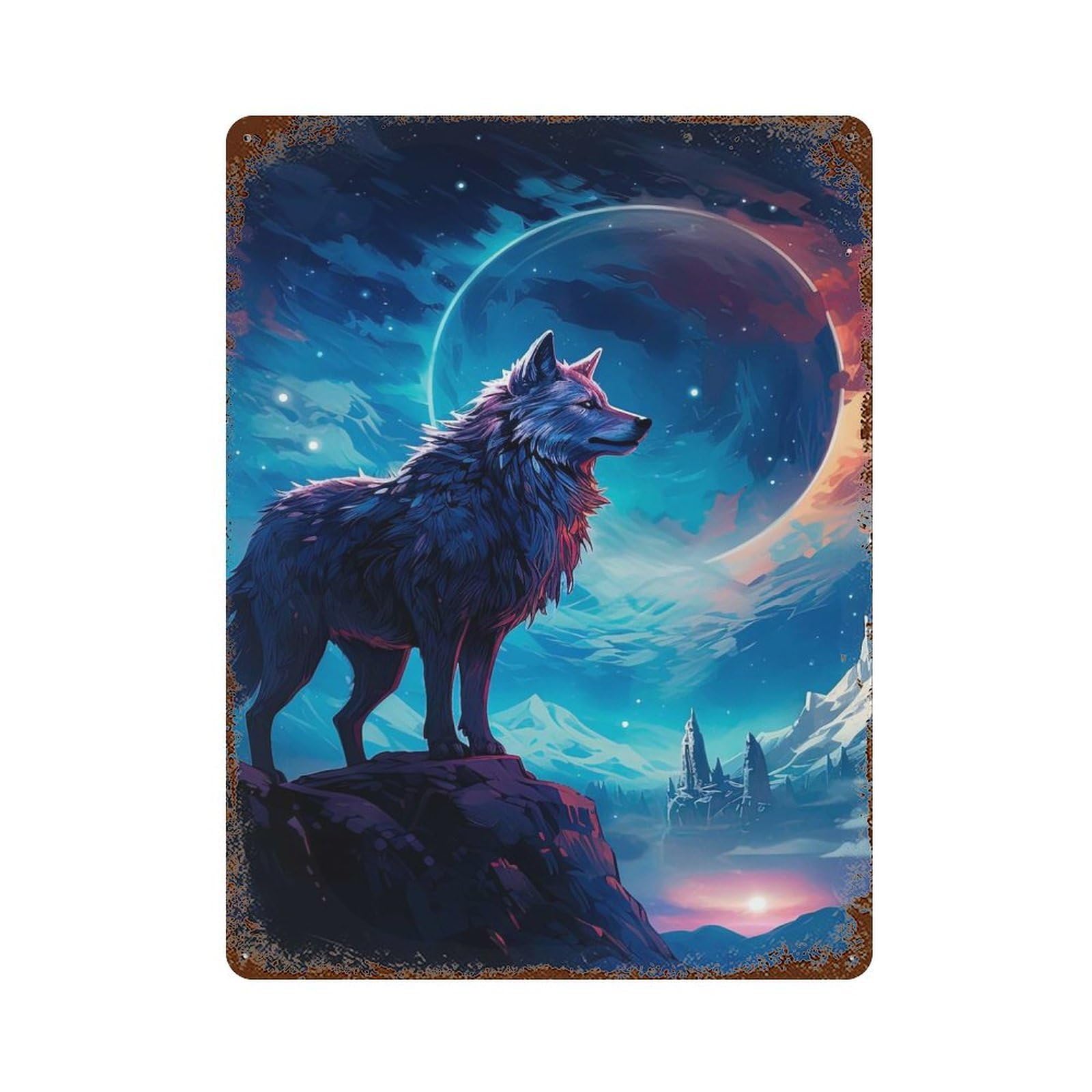 Wolf Moon Night Distressed Metal Wall Sign 15.7"x11.8", Industrial Home Decor for Garage, Pub Or Kitchen