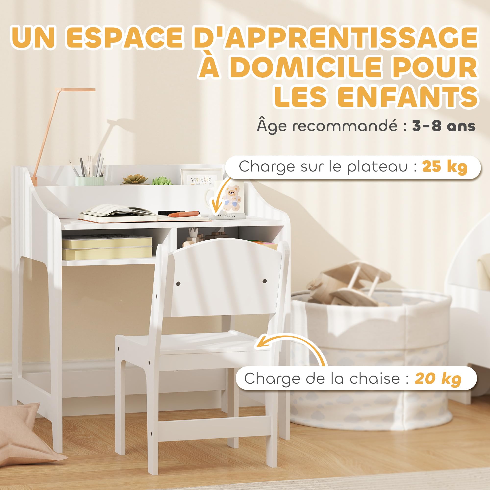 AIYAPLAY Conjunto de Escritorio y Silla para Niños de 3 a 8 Años con Compartimentos Abiertos y Estantes para Dormitorio, Sala de Juegos, Habitación, Blanco