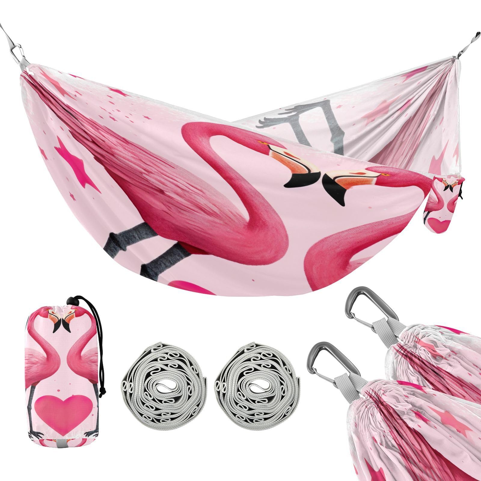 SDMKA Flamingos Pink Camping Hammock, 330 lbs with 2 Tree Straps, Carry Bag, Single Portable Hammock for Outdoor/Indoor, Hiking, Beach, Backpacking, Travel