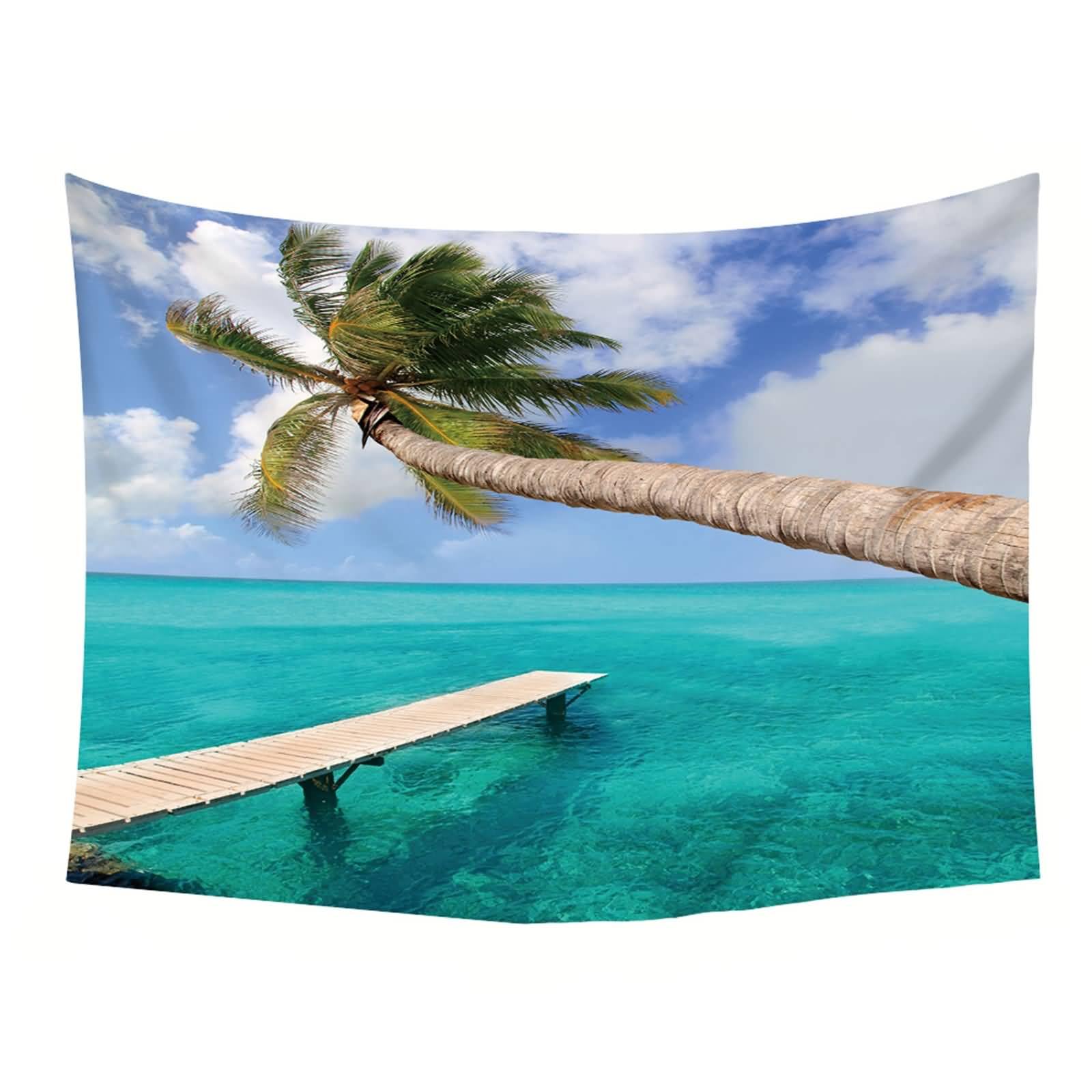 Landschaft Tapisserie Wandbehang | Polyester Kokosnussbaum mit Meerblick Wandbehang Dekoration für Wohnzimmer Schlafzimmer & Schlafsaal | Blau Grün, 350x256cm