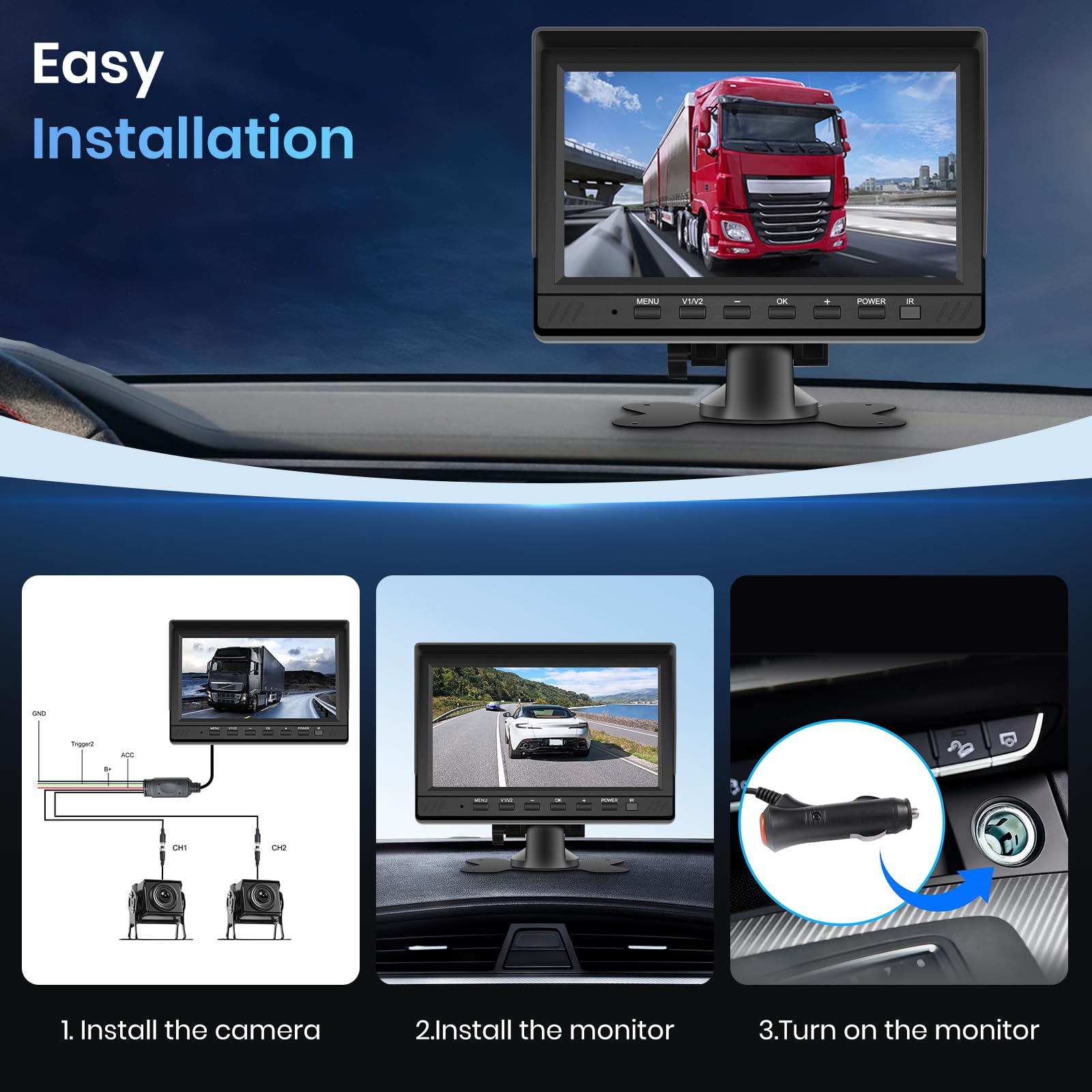 VECHTEL Kit Telecamera Posteriore IPS HD 7 Pollici con 2 Telecamera, Telecamera Retromarcia Auto con Impermeabile IP68 Visione Notturna DVR per 12V-36V Camion Autobus Furgoni Camper Pickup