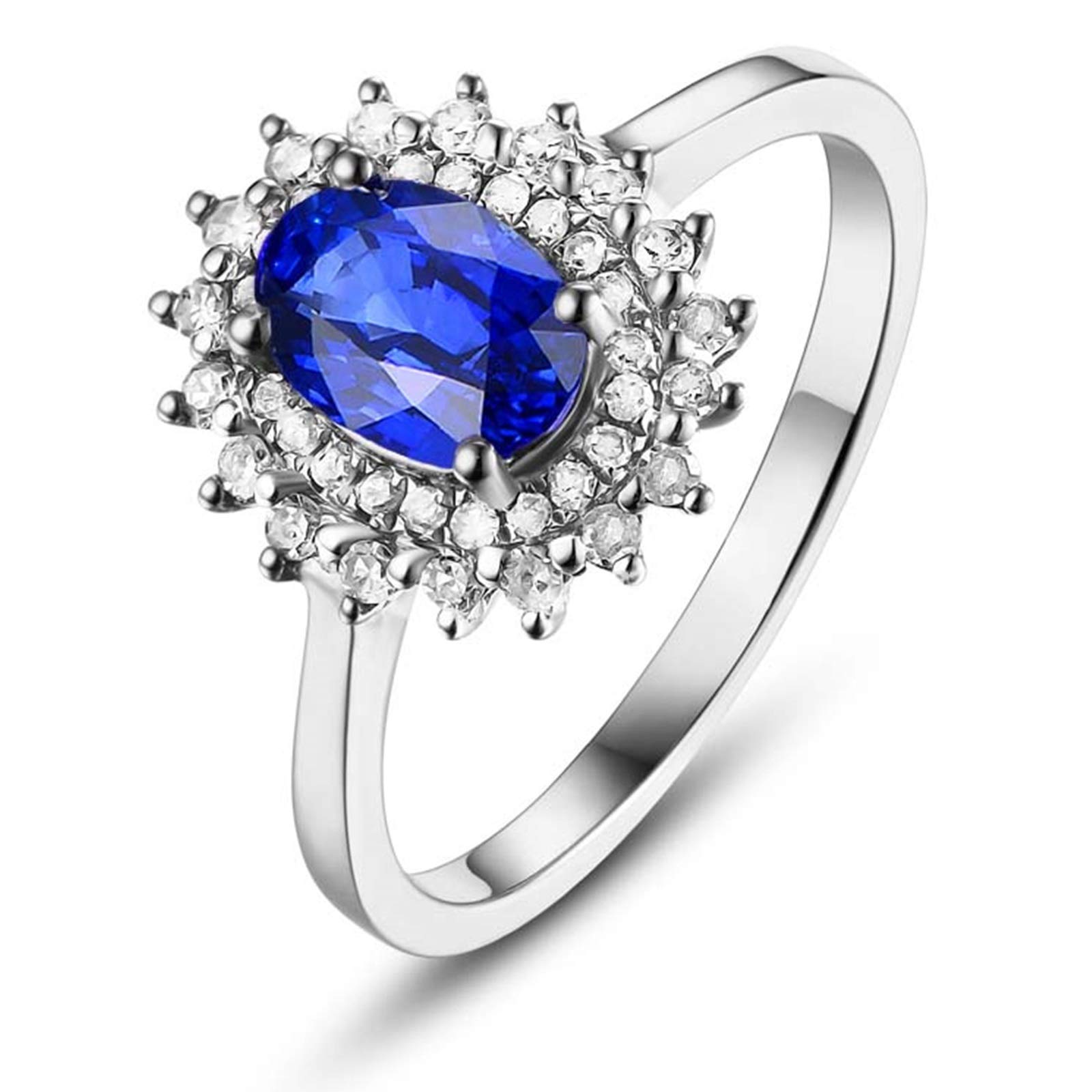 KnBob Ring Oval 4 Setting Prong Shape Diamond Ring Trust Ring Silver Blue Sapphire Size R 1/2 Ring for Women 18K Gold