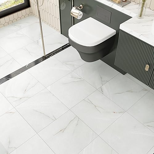 Azulejos de vinilo de mármol blancogris para baño, láminas gruesas para sótano, cocina, dormitorio, autoadhesivas, paneles de azulejos, tablones