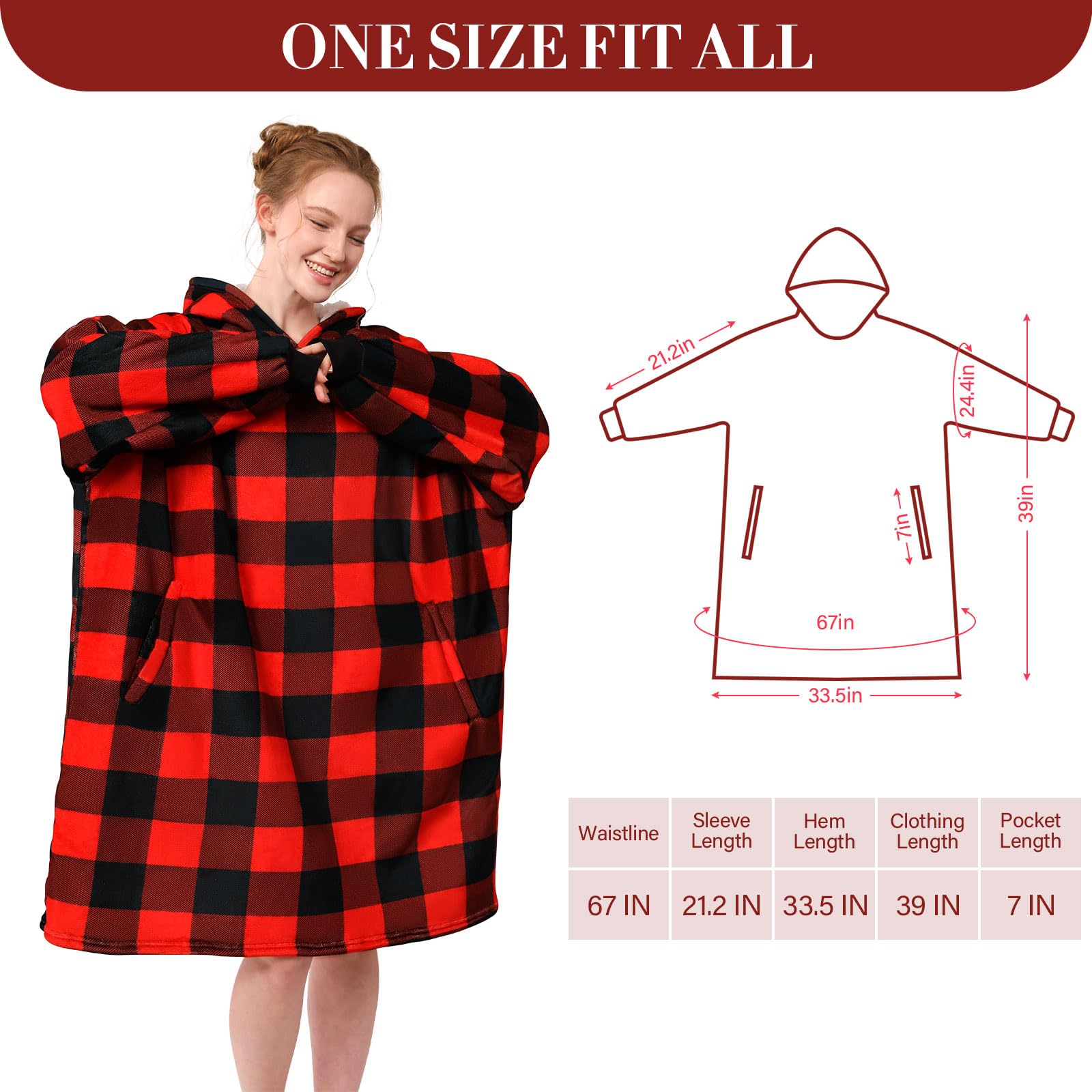 LetsFunny Sudadera con capucha de gran tamaño, súper suave, cálida, cómoda, con bolsillo gigante, para adultos, hombres, mujeres, adolescentes, niños, talla única (cuadros rojos, adultos)