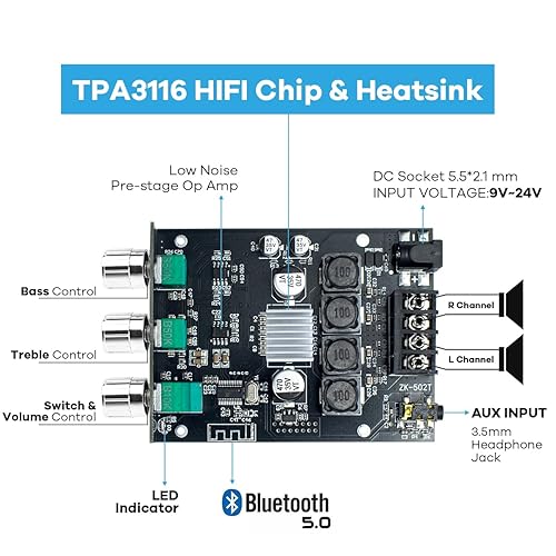 Miniatura 2 de ZK-502T 100W Bluetooth 5.0 Amplificador Junta con control de agudos y graves, TPA3116D2 50Wx2, Bluetooth AMP Board para altavoces pasivos caseros
