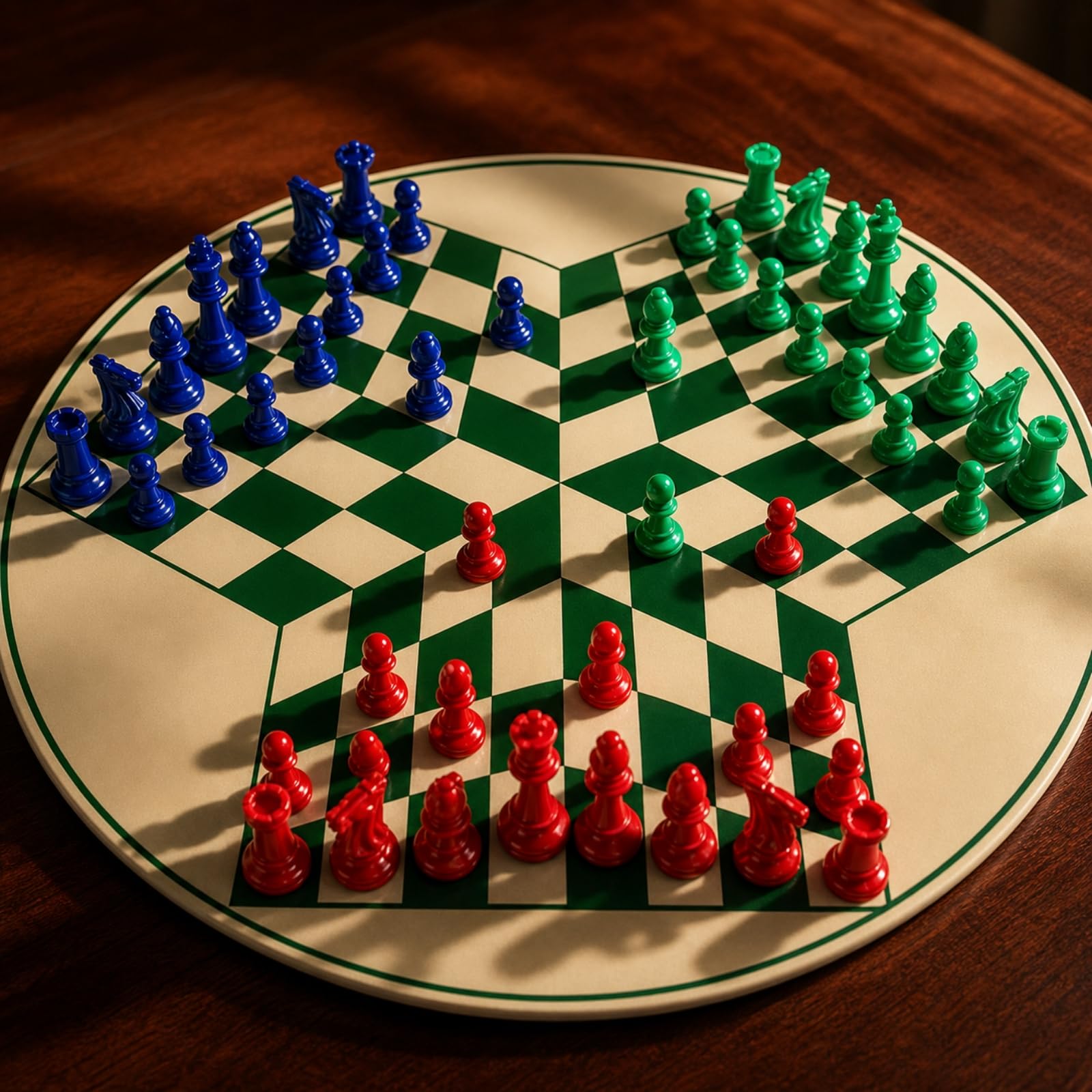 Jeu D'échecs à 3 Joueurs avec Plateau Rond Familial Jeu D'échecs à Trois Joueurs en Plastique Échiquier Coloré pour Écoles, Soirées Jeux