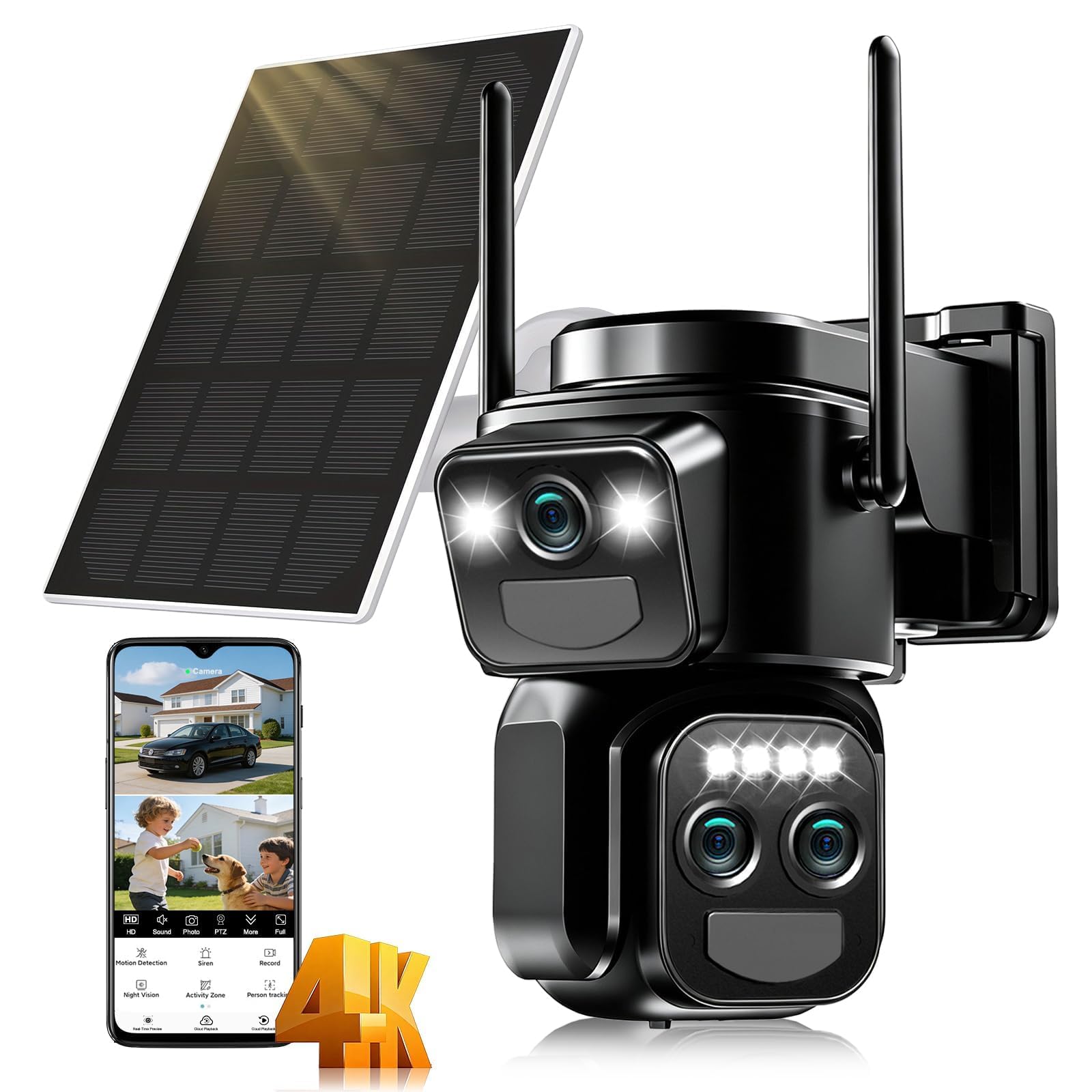 8MP Triple Lente Camara Vigilancia WiFi Exterior con Panel Solar,10X Cámara Exterior Detección Humana PIR Doble,Visión Nocturna en Color, Audio Bidireccional,Seguimiento Automático,Sirena,IP66,2.4GHz
