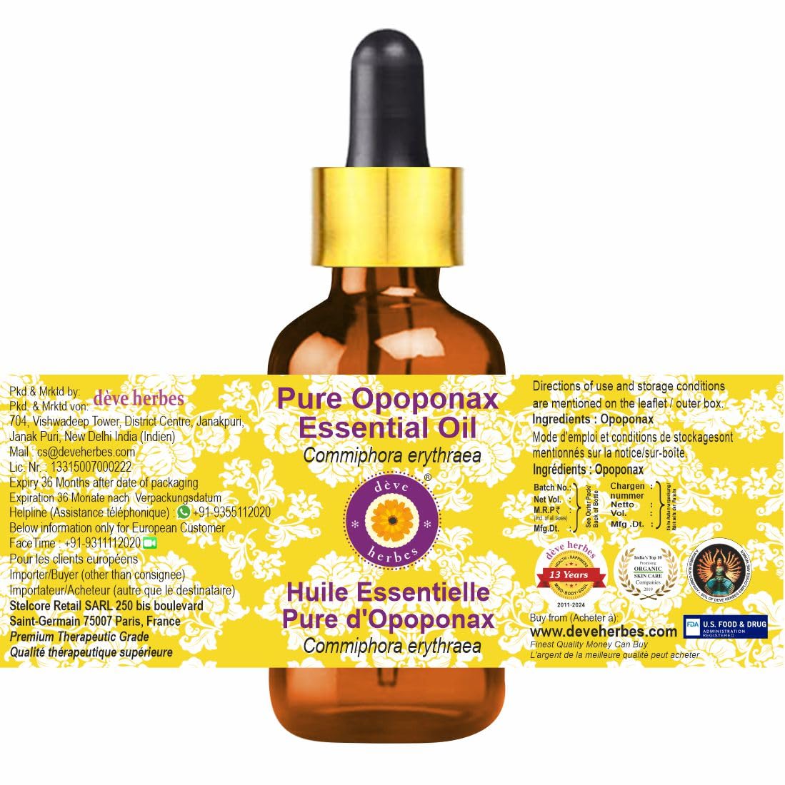 dève herbes Pure Opoponax Essential Oil (Commiphora erythraea) with Glass Dropper Natural Therapeutic Grade Steam Distilled 15ml (0.5 oz)
