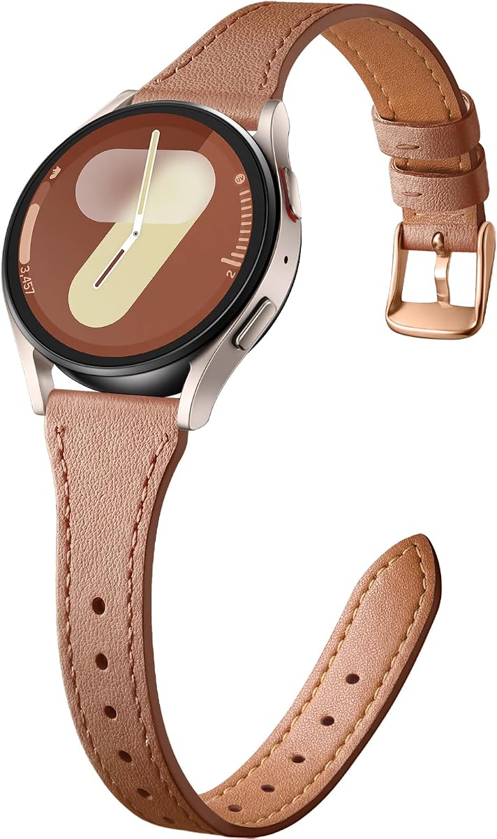 Slim Leather Band Compatible with Galaxy Watch 7 Band/6 5 4 FE 40mm 44mm/5 pro 45mm/Classic/Galaxy Active 2, 20mm Genuine Leather Strap with Quick Release Buckle for Samsung Watch Bands Women