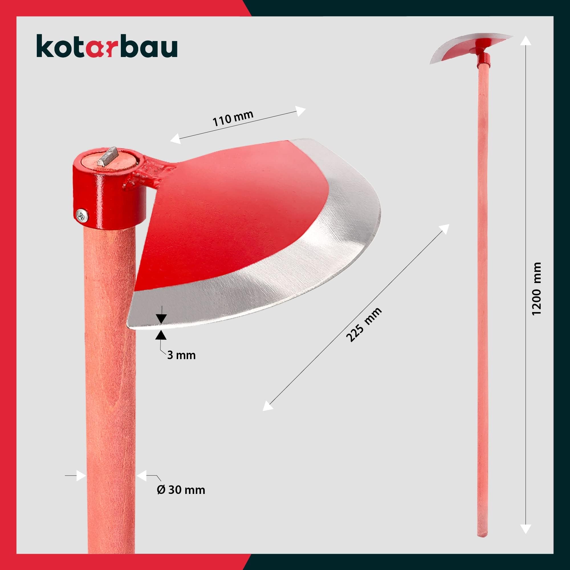 KOTARBAU® Zappa da giardino semicircolare 230 x 110 mm con manico 119 cm Zappa per erbacce Zappa da giardino Zappa per erbacce Zappa per piantare Utensile da giardino per trapiantare Diserbo Cura del