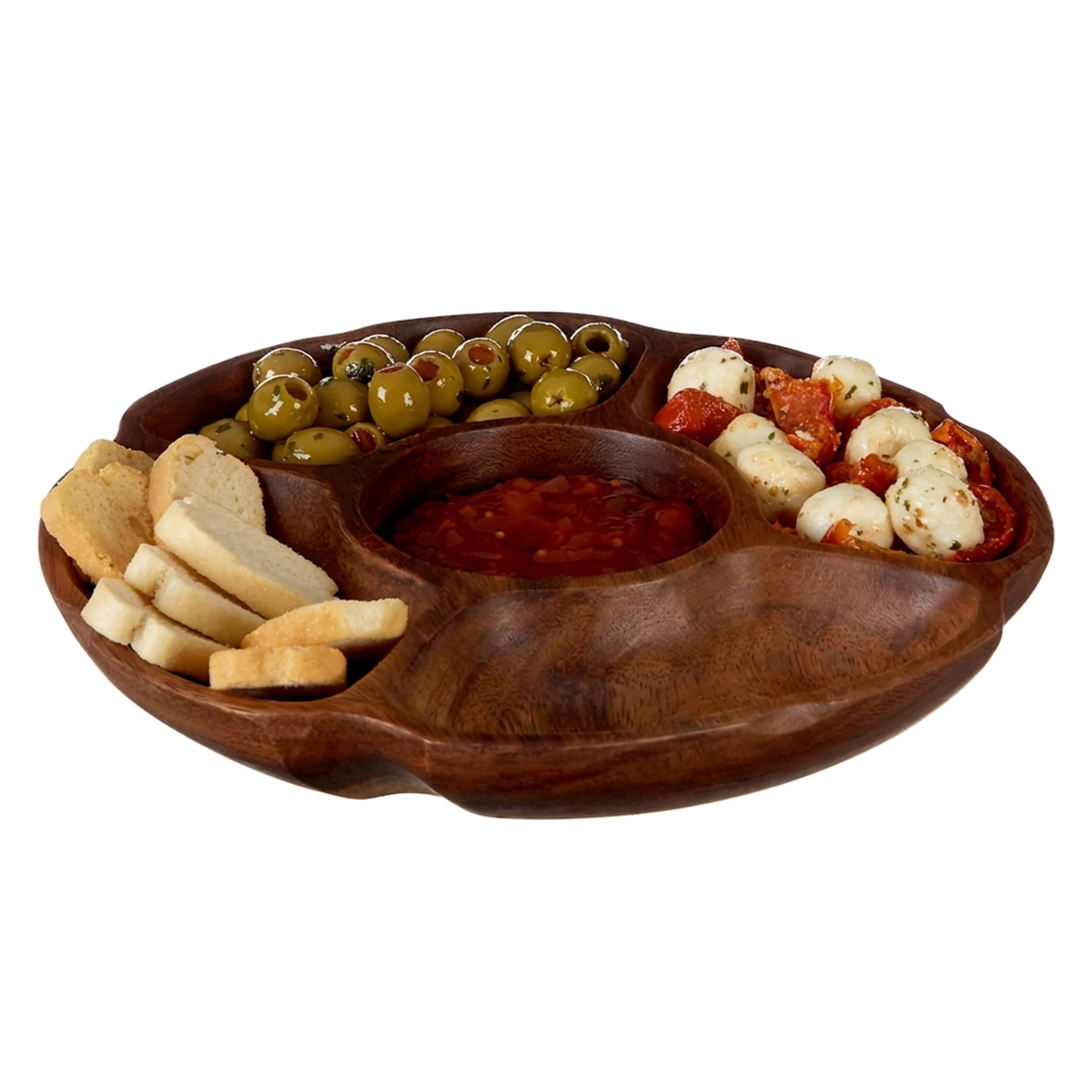 Premier Housewares Elegant Acacia Five Section Round Serving Dish | Natural Dip Holder Wooden Appetizer Platter | Rustic Centerpiece for Entertaining and Gatherings