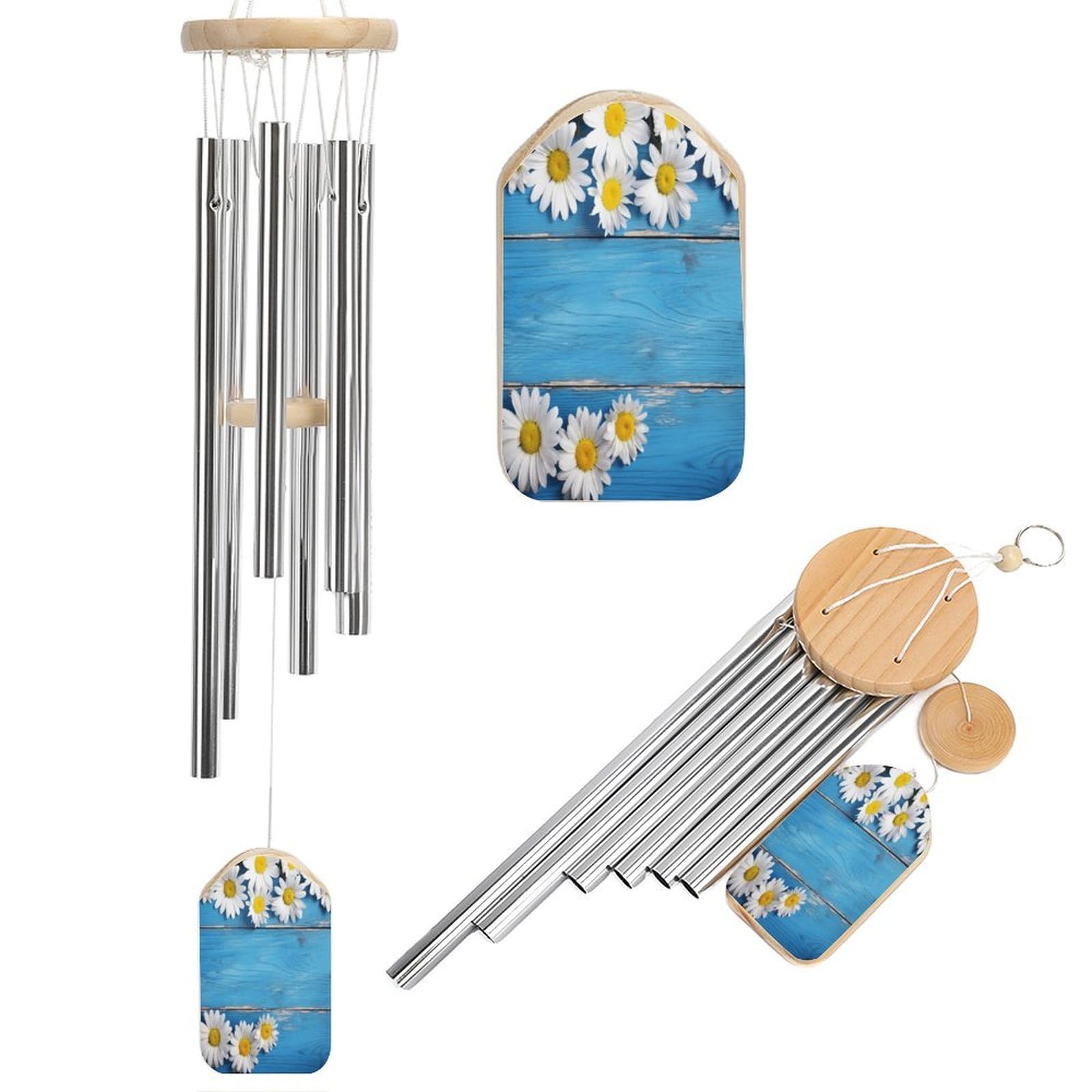 Btcowzrv Style Daisy Flowers Blue Wooden Wind Chimes For Outside, Hanging Windchimes With 6 Aluminum Tubes, Memorial Wind Chime For Patio Backyard Garden And Outdoor Decor