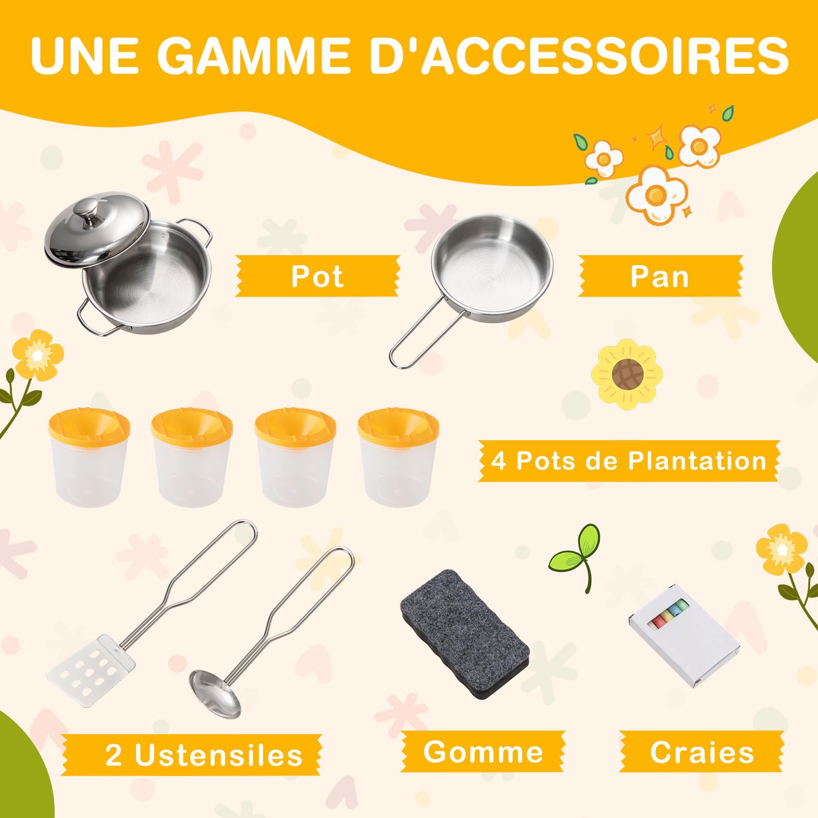 GOPLUS Cuisine d'Extérieur Evolutive en Bois de Sapin, avec Pots de Plantation, Plaques de Cuisson, Évier Amovible, Tableaux Noirs pour Enfant 3+ Ans