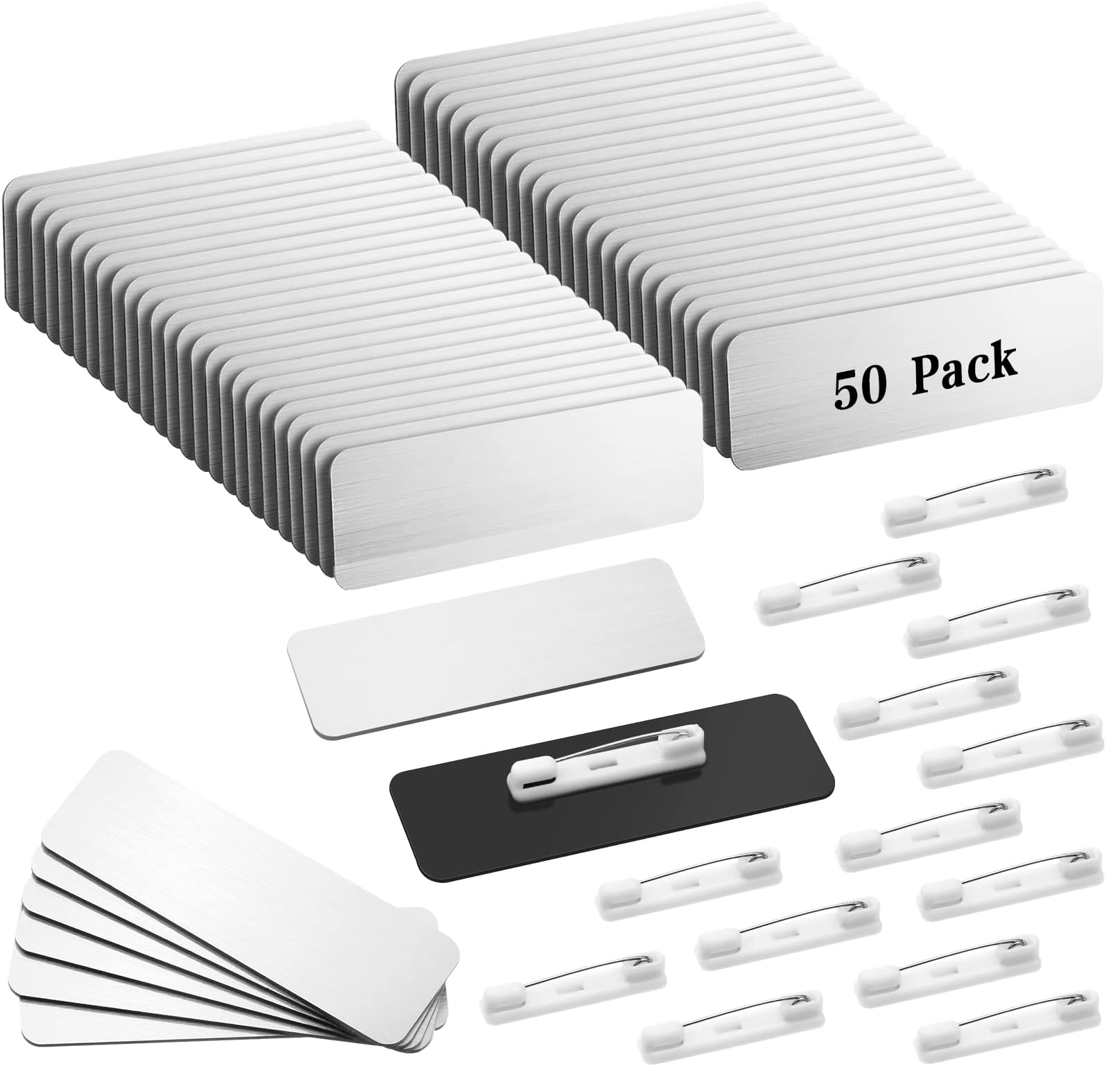50 Pack Name Tag Blanks with Pin 1 x 3 Inch Plastic Name ID Badge Holders with Clips Round Corners Nametags Labels Printable Tags for DIY(Silver, Black)