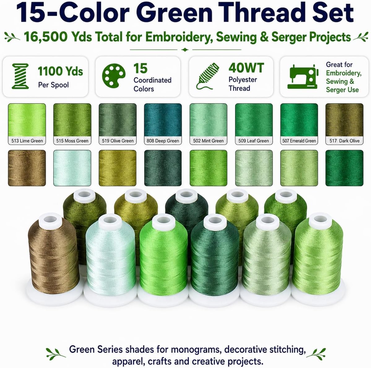 Simthread Embroidery Thread Green Series Polyester Multi-Purpose Serger Thread 15 Spools Set, Each Spool 40WT and 1100YD for Embroidery Sewing Machine
