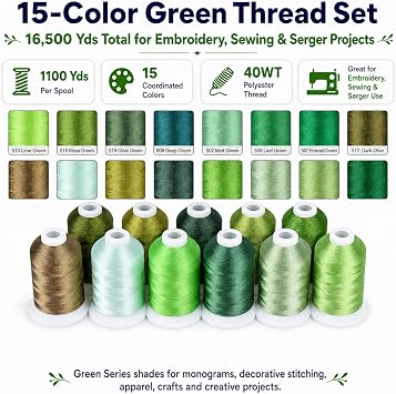 Simthread 15-Color Polyester Machine Embroidery Thread Set, Green Series