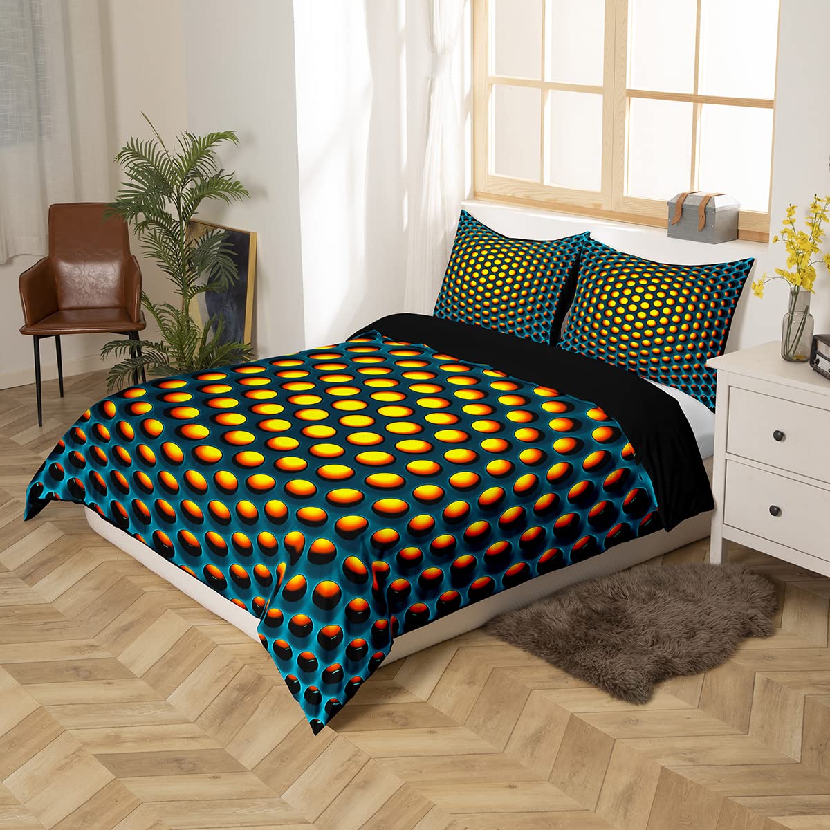 Honeycomb Duvet Cover Set Hexagon Geometric Bedding Sets Beehive Comforter Cover For Kids Boys Girls Reversible Black Stereoscopic Dense Hole Abstract Art Quilt Cover 3 Pieces Queen Size Blue Yellow