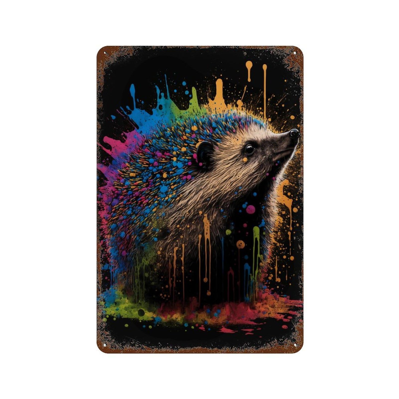Rust Effect Colorful Hedgehog Art Print-1 Aged Metal Wall Plaque 11.8"x7.9", Shabby Chic Decor for Living Room, Hallway And Home Decor