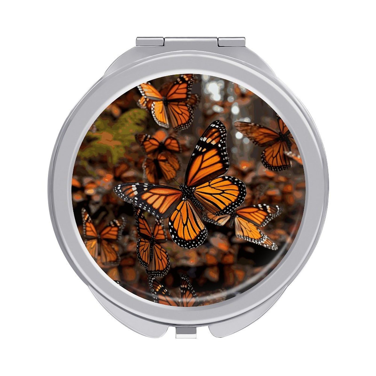 JTREHY Monarch Butterflies Makeup Mirror Silver Mirror Surface Folding Makeups Mirrors Lightweight Durable Looking Glass for Suitable Traveling Handbag and Purses
