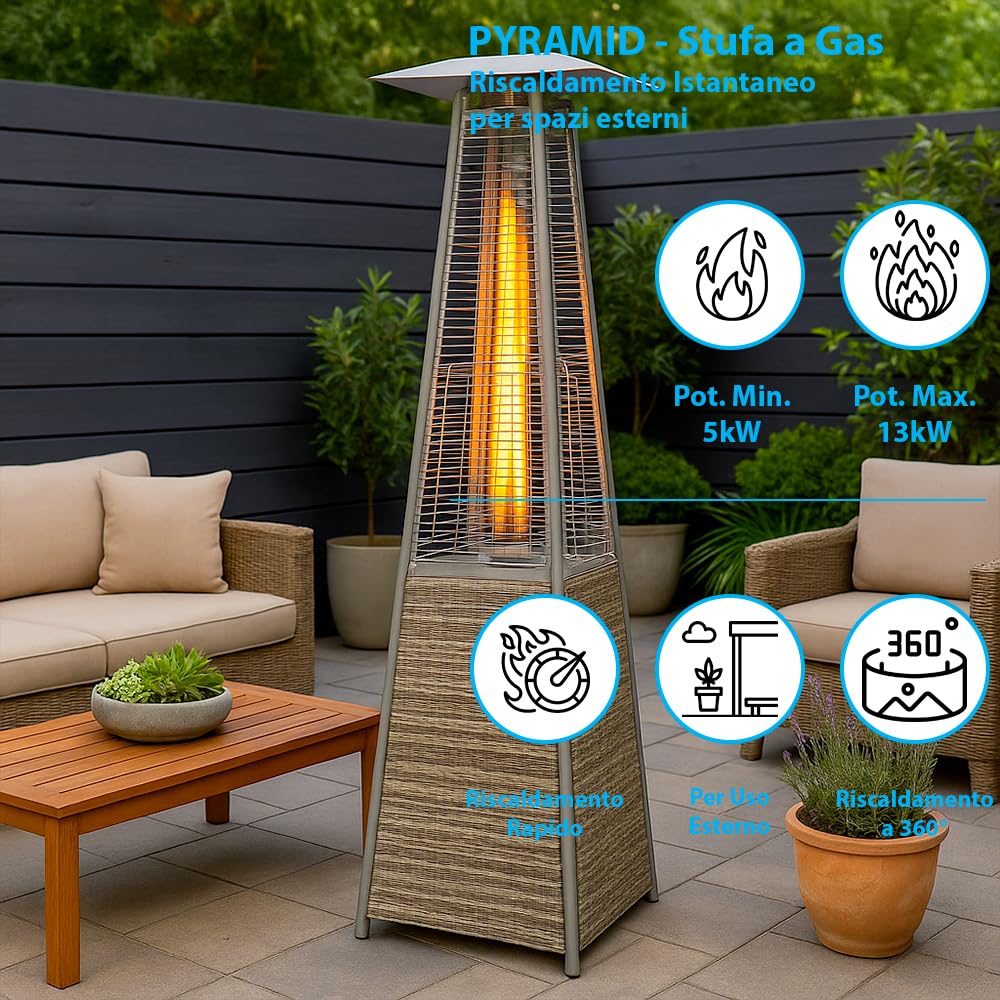 Pyramid Gas-Heizstrahler für den Außenbereich, 13 kW | Heizung mit offener Flamme für Garten, Bar und Restaurants | Abdeckung und Regler im Lieferumfang enthalten | Modernes Design |
