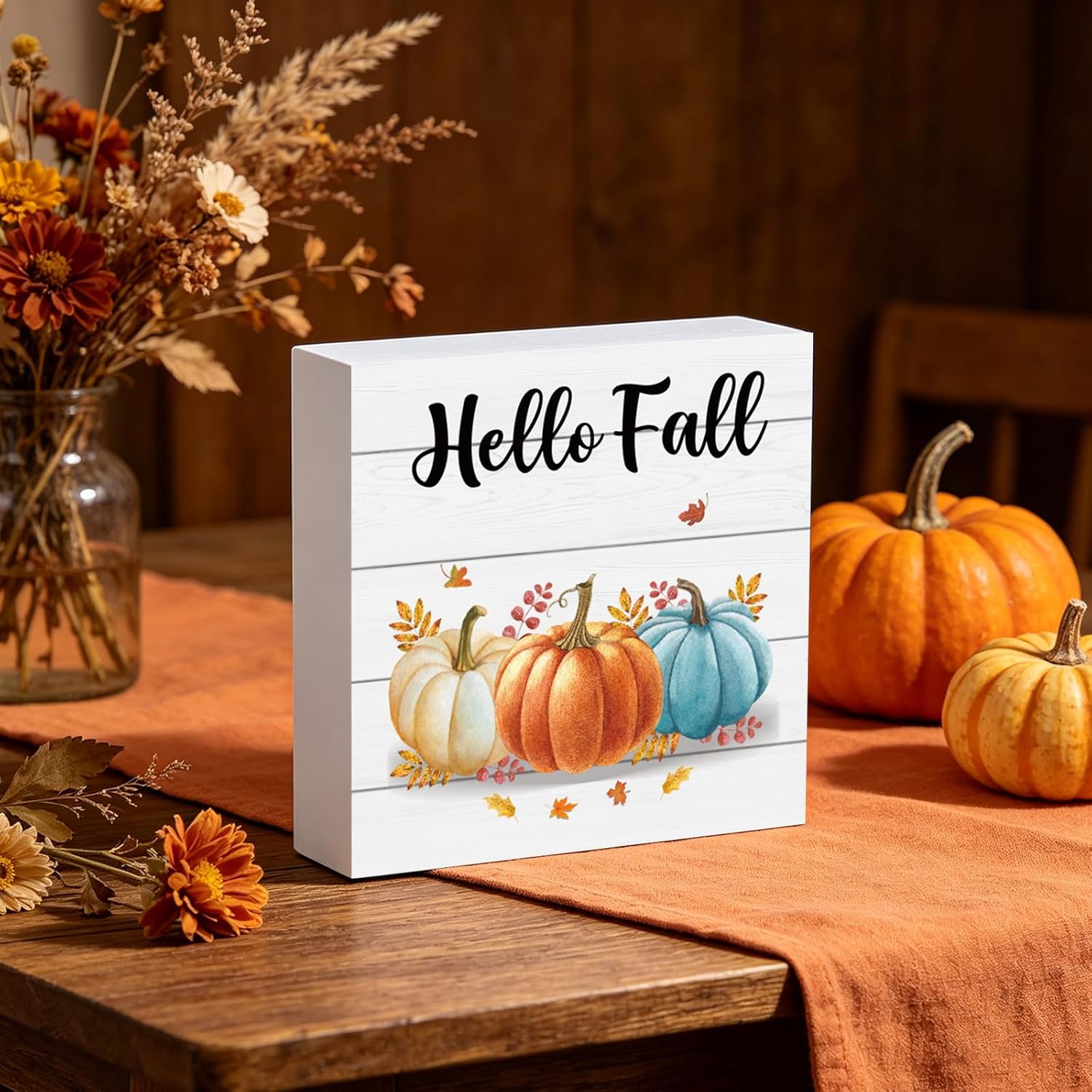 Fall Decorations for Home Fall Decor Bathroom Home Pumpkins Room Table Wood Box Sign Rustic Wooden Shelf Desk Office Decor Season Sign House Warming Gifts 5.9 x 5.9 Inch