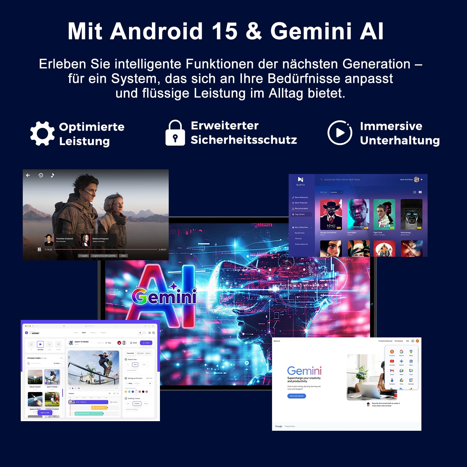 Tablet 10 Zoll Android 15 mit Gemini AI, Tablet mit Tastatur und Maus, 30 GB RAM + 128 GB ROM, Erweiterbar auf 2 TB, Octa-Core Prozessor, WLAN 6, Widevine L1, 8000 mAh Akku, Metallgehäuse, Schwarz