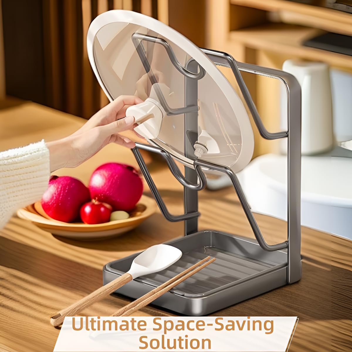 2026 New Multifunctional Kitchen Pot Lid Organizer with Removable Drip Tray, Double-Layer Lid Holder Stand for Countertop/Stove Top - Space-Saving Storage for Pot Lids, Spoons & Kitchen Tools (Gray)