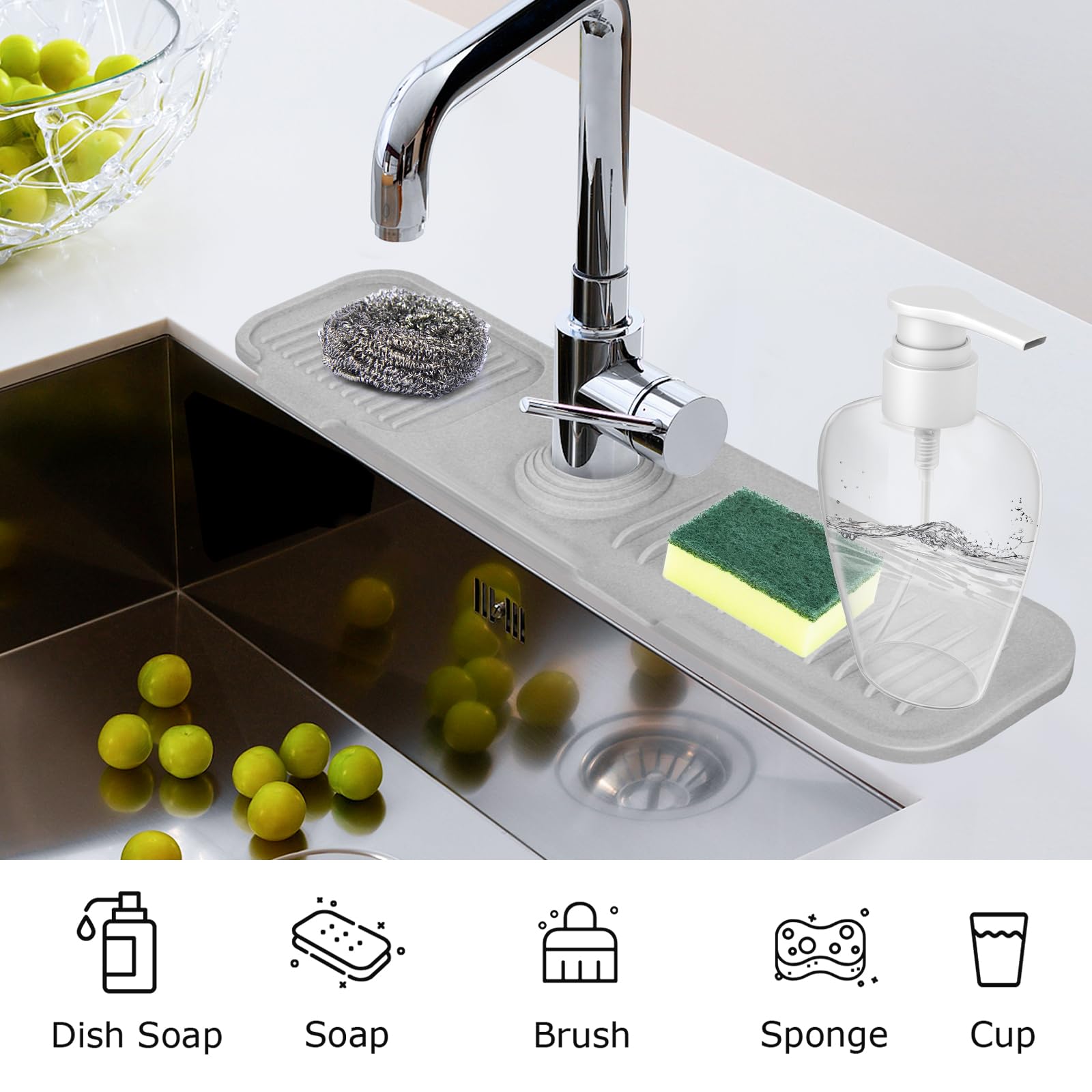 BBTISG Silicone Faucet Mat, Transparent Kitchen Sink Splash Guard Rotatable Sink Tap Drip Catcher Tray With 5° Slope For Kitchen, Bathroom, Sink Sponge Holder (45 X 14cm