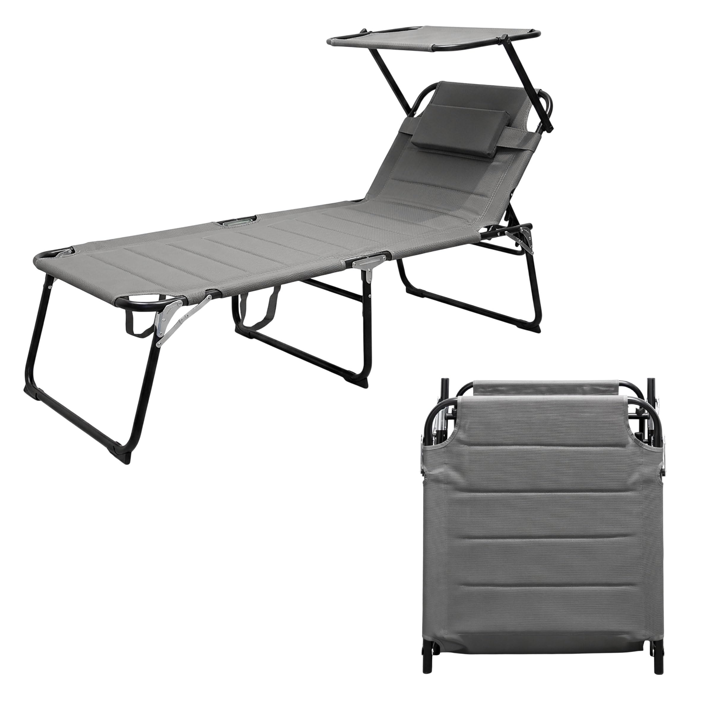 Spetebo XXL Aluminium Gartenliege mit Sonnendach - 200 x 70 cm - Grau | Sonnenliege gepolstert, mit Kopfkissen, Relax Garten Sonnen Liege, breite Liegefläche